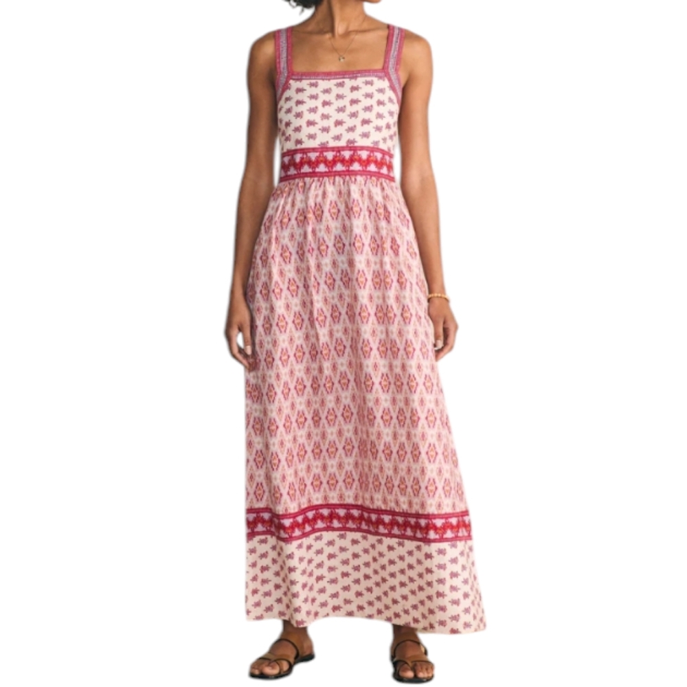 Faherty Gracie Maxi Dress XXL Linen Pink Ivory Ikat Pockets Boho